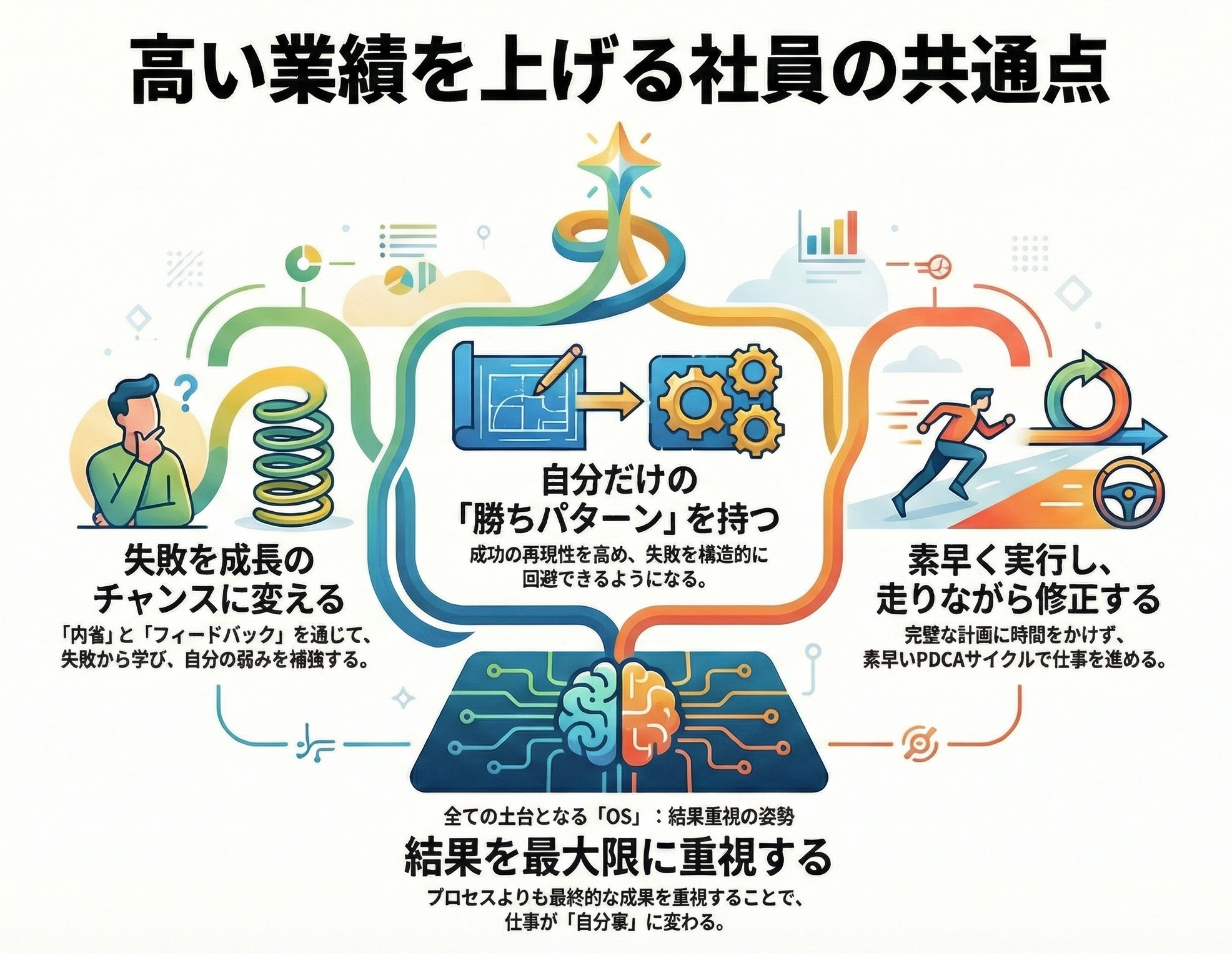 高い業績を上げる社員の特徴をまとめたイラスト